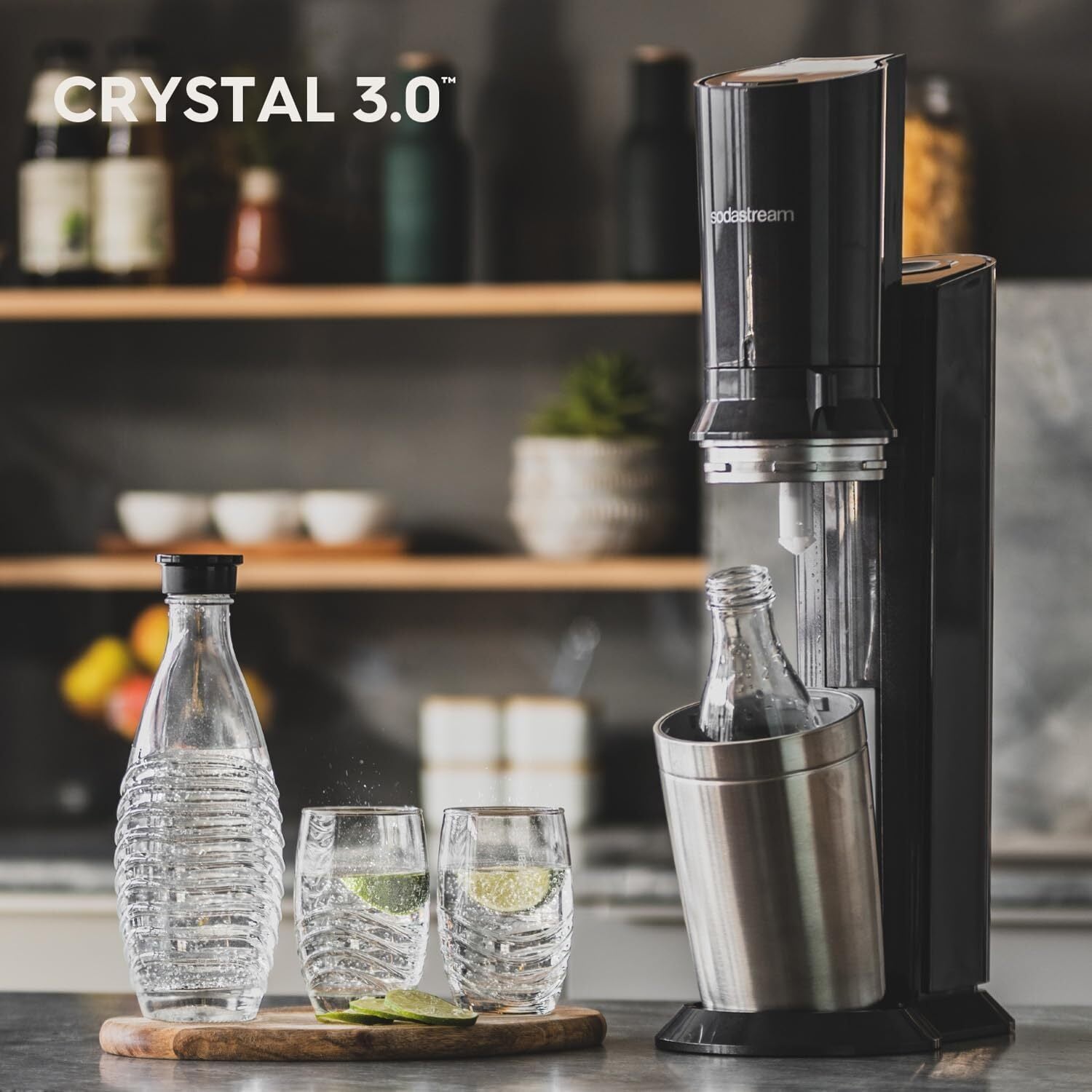 Crystal 3.0 Wassersprudler mit 1x Quick-Connect CO2-Zylinder und 2X Glaskaraffen, Silber, Schwarz, Titan, 45 cm