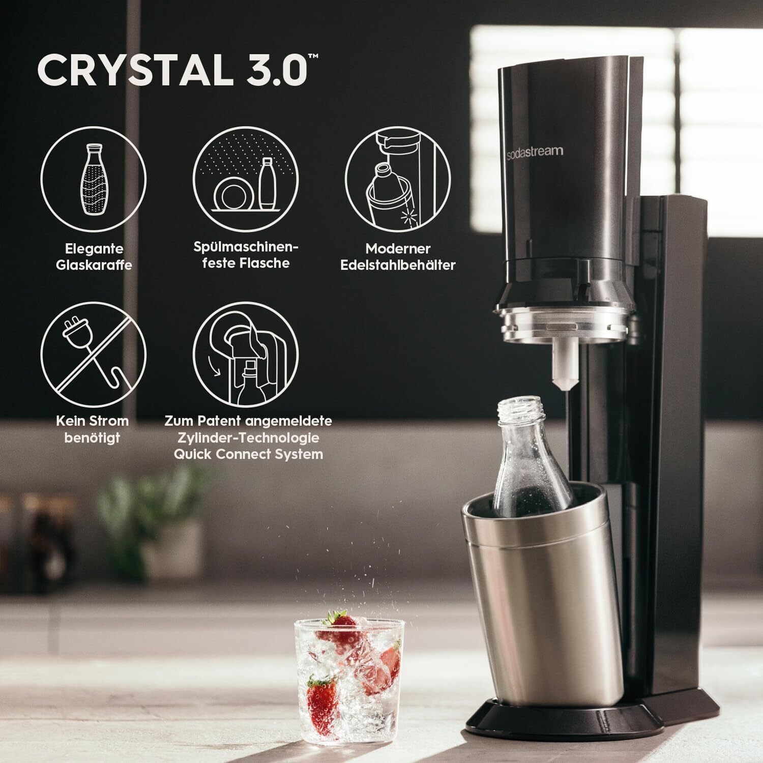 Crystal 3.0 Wassersprudler mit 1x Quick-Connect CO2-Zylinder und 2X Glaskaraffen, Silber, Schwarz, Titan, 45 cm