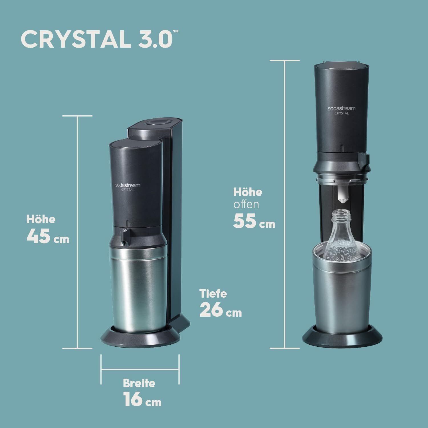 Crystal 3.0 Wassersprudler mit 1x Quick-Connect CO2-Zylinder und 2X Glaskaraffen, Silber, Schwarz, Titan, 45 cm