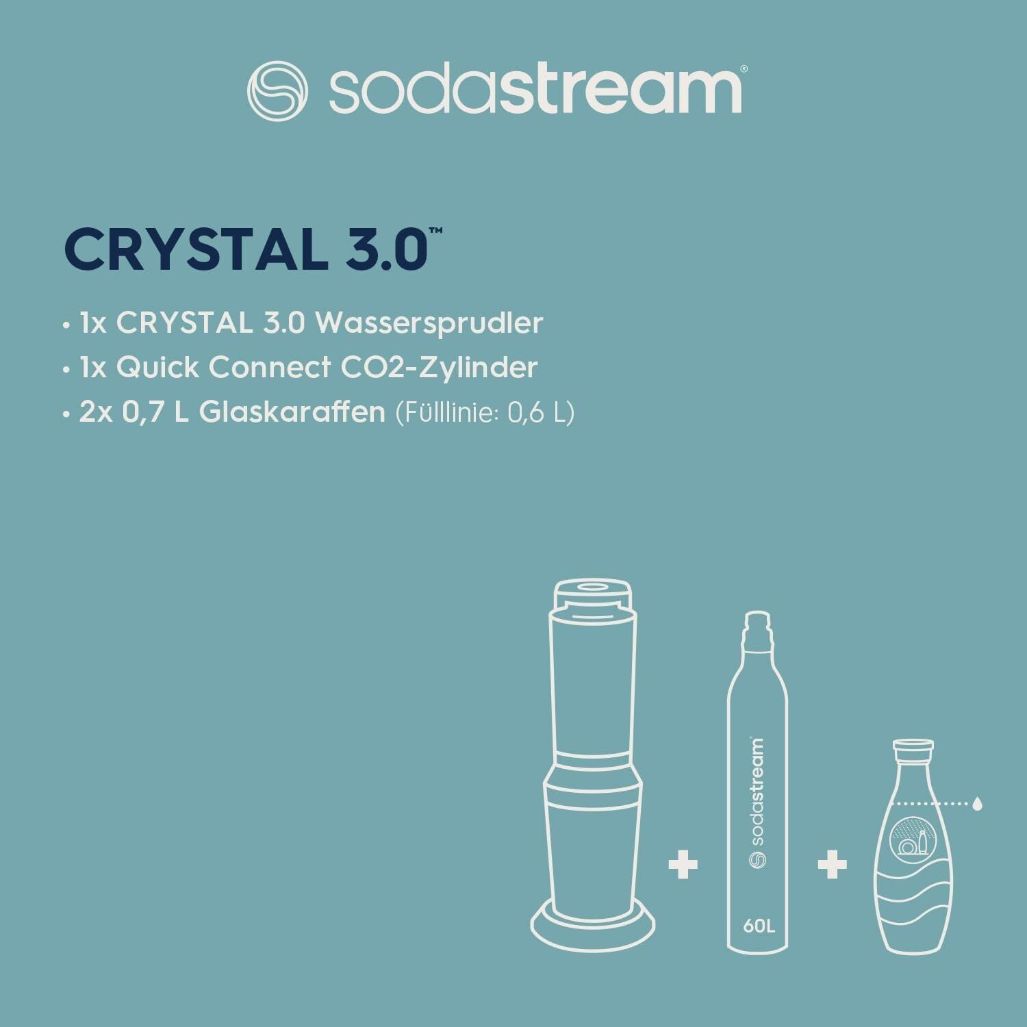 Crystal 3.0 Wassersprudler mit 1x Quick-Connect CO2-Zylinder und 2X Glaskaraffen, Silber, Schwarz, Titan, 45 cm
