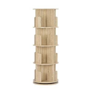 Drehbares Bücherregal mit 4 Etagen – Holzregal mit 16 Fächern, Weiß / Helle Eiche, 44 × 127,4 cm, 360° drehbar
