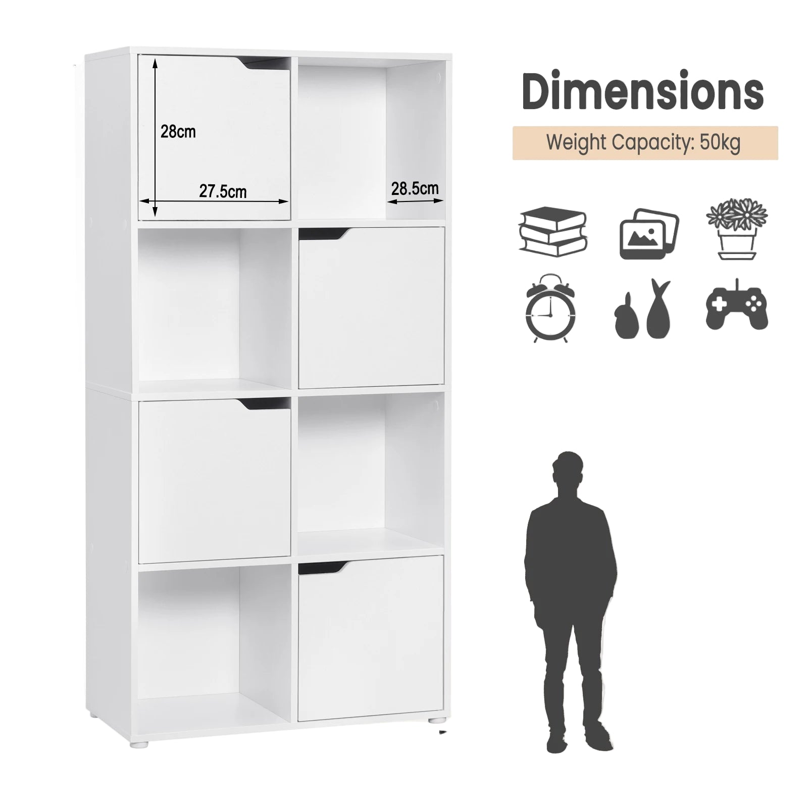 Bücherregal mit Türen und offenen Fächern – Holzregal aus MDF, Weiß / Helle Eiche, 60 × 120 × 30 cm