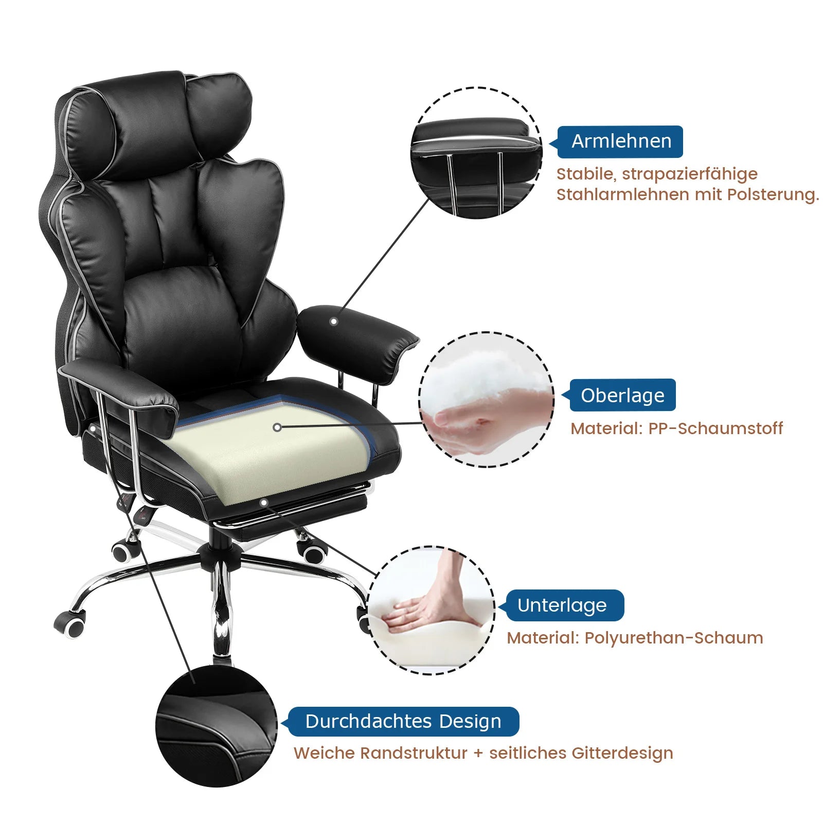 Gaming-Stuhl mit Fußstütze – Drehbarer Bürostuhl aus Leder und Stoff, Höhenverstellbar, 71 × 71 × 115 cm, Belastbar bis 150 kg