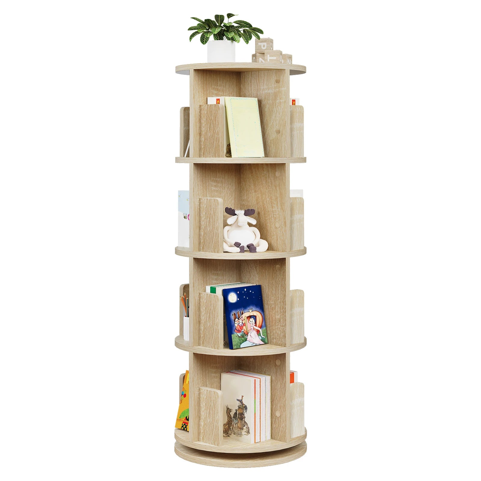 Drehbares Bücherregal mit 4 Etagen – Holzregal mit 16 Fächern, Weiß / Helle Eiche, 44 × 127,4 cm, 360° drehbar