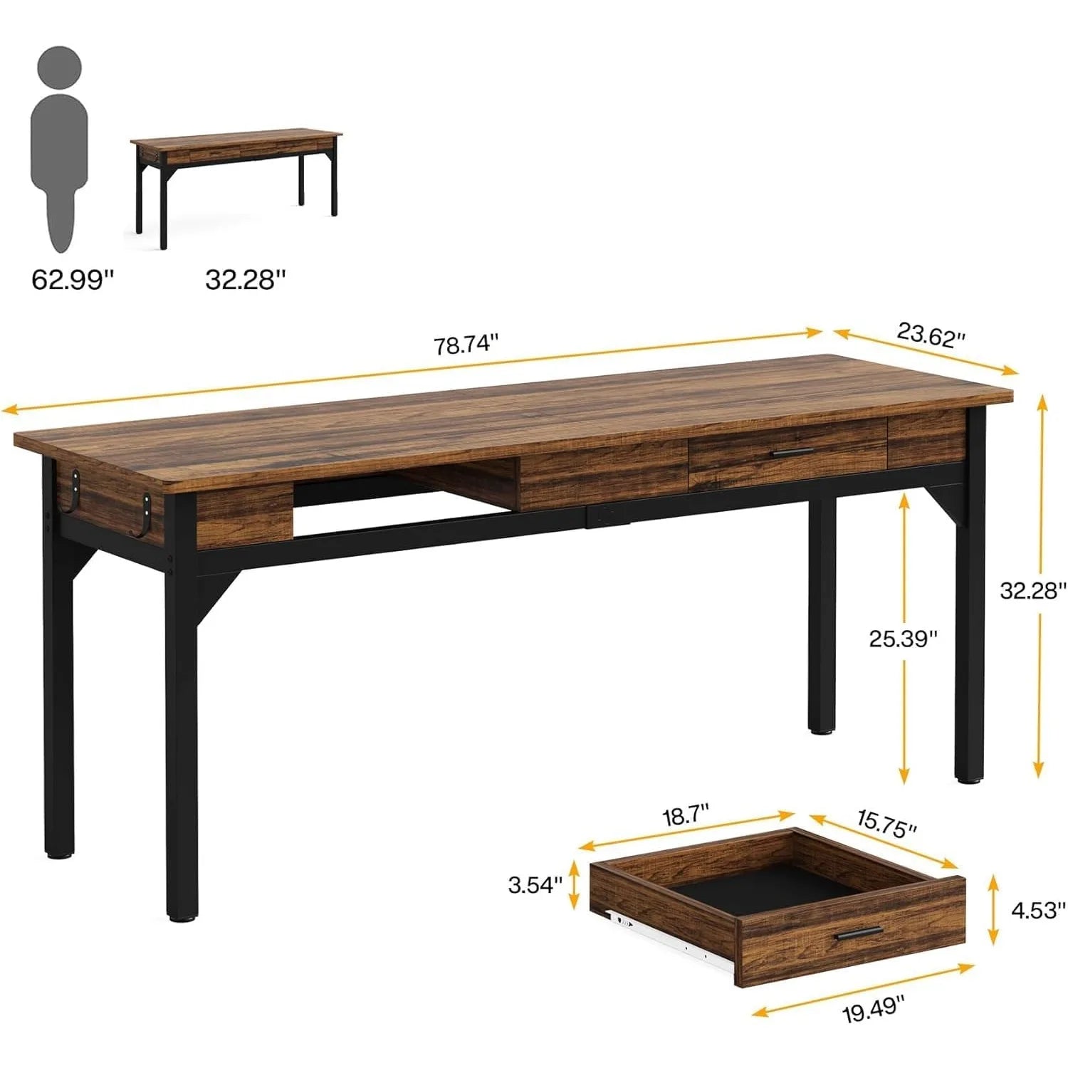 Großer Computertisch mit 2 Schubladen – Doppelter Arbeitstisch für 2 Personen, 200 × 60 × 82 cm, Modernes Büromöbel