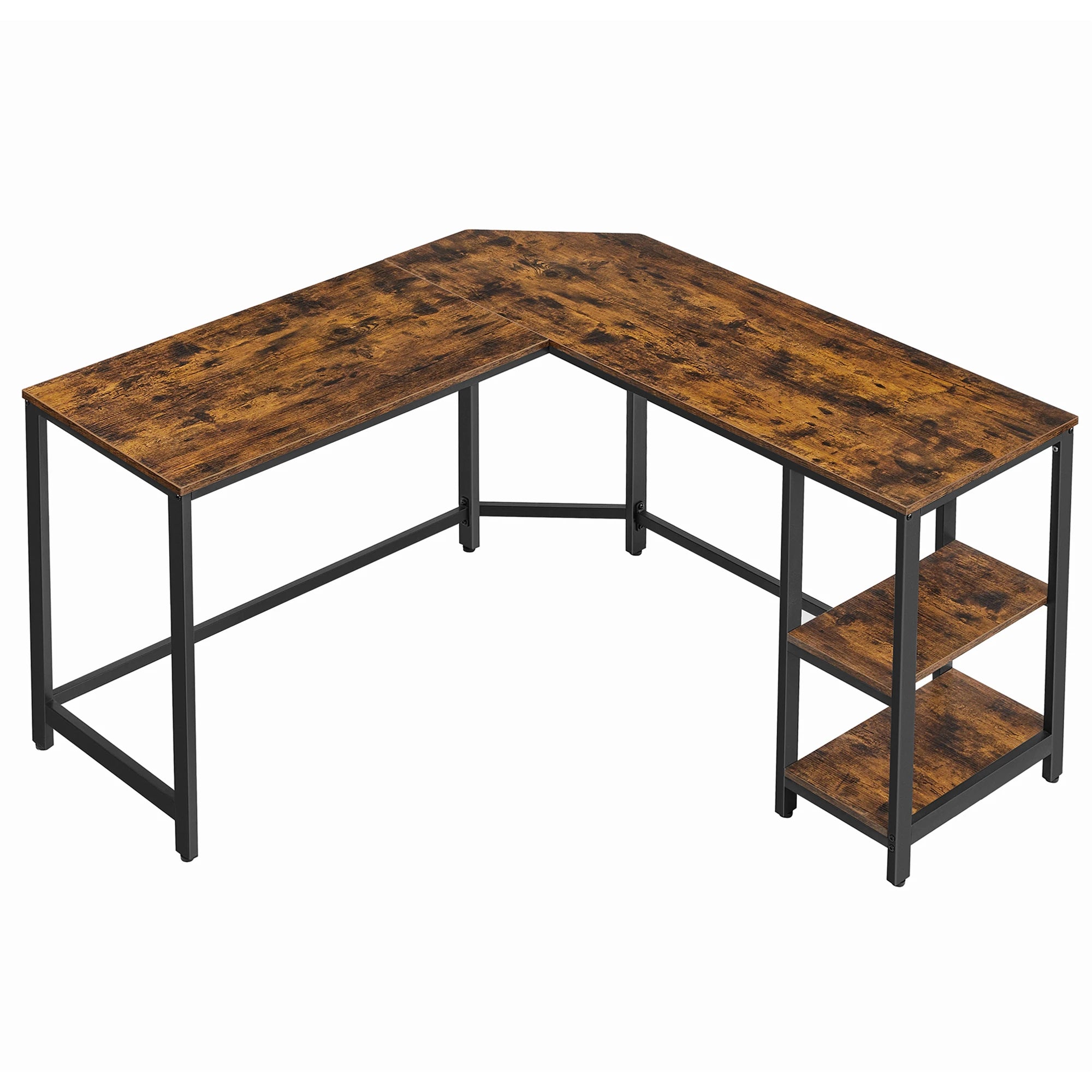 L-förmiger Eckschreibtisch mit 2 Ablagen – Computertisch aus Holz und Stahl, Vintagebraun-Schwarz, 138 × 138 × 76 cm