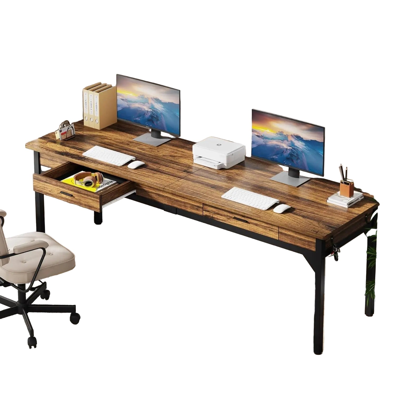 Großer Computertisch mit 2 Schubladen – Doppelter Arbeitstisch für 2 Personen, 200 × 60 × 82 cm, Modernes Büromöbel