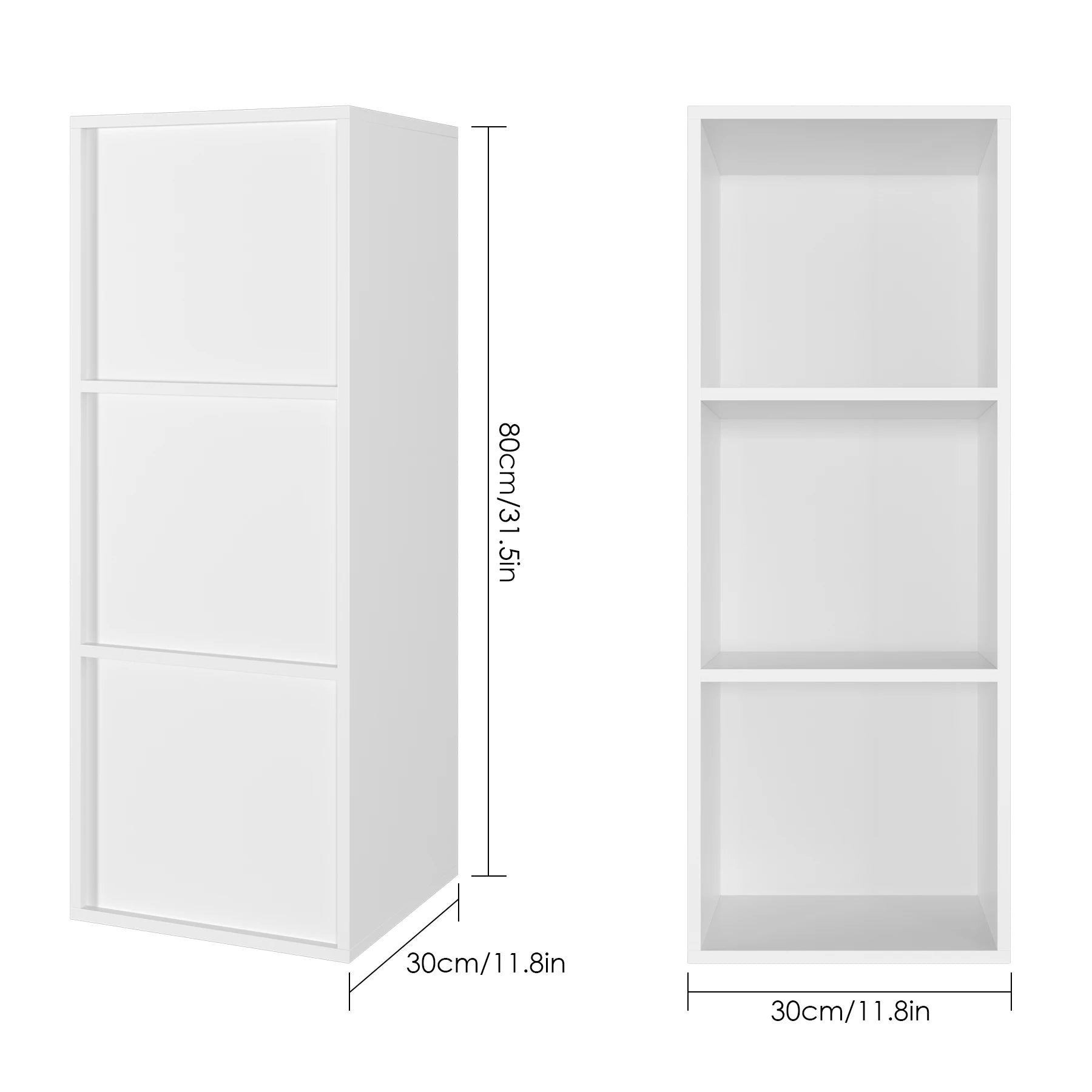 Modernes Bücherregal mit 3 Fächern – Holzregal im Würfeldesign, Eiche oder Weiß, 30 × 30 × 80 cm