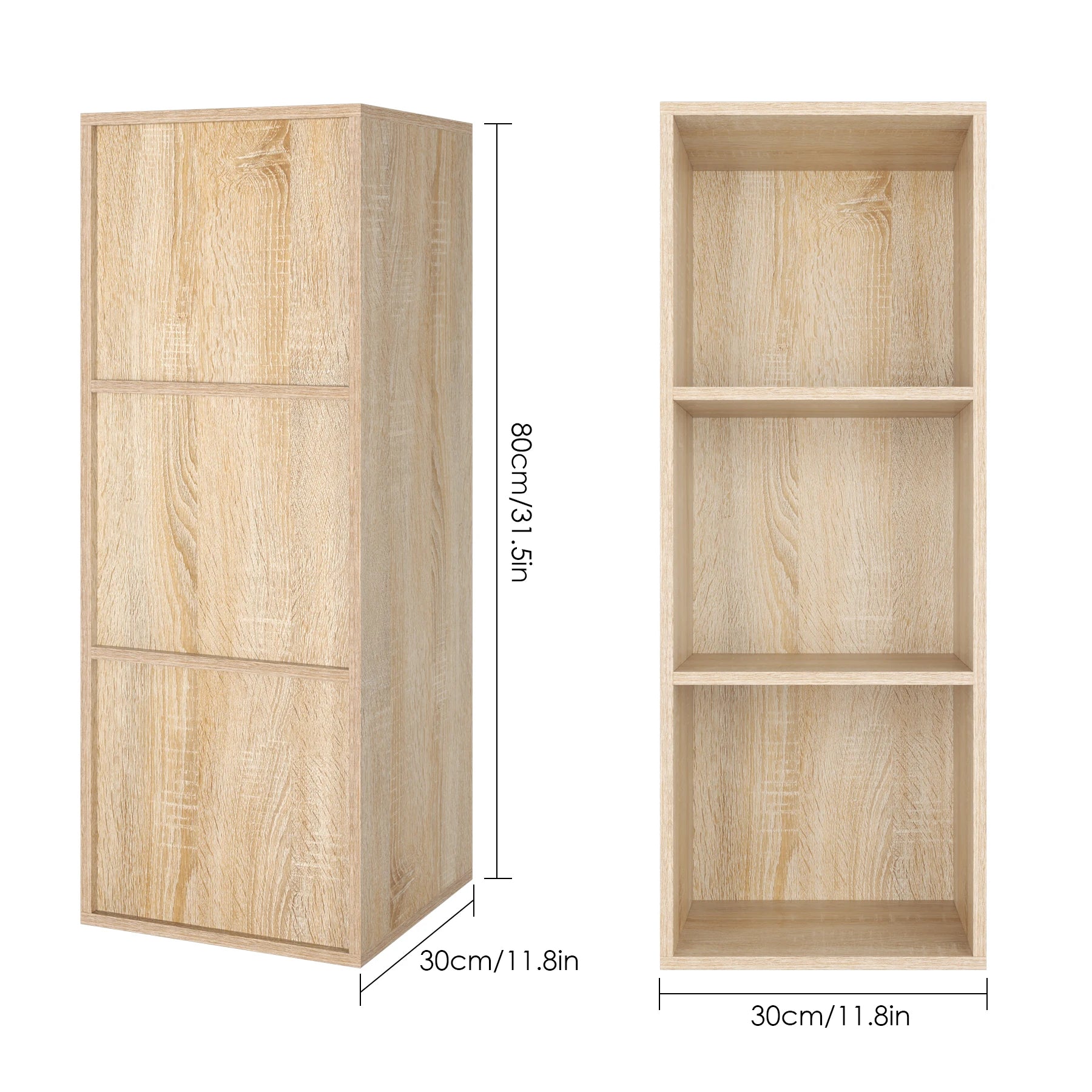 Modernes Bücherregal mit 3 Fächern – Holzregal im Würfeldesign, Eiche oder Weiß, 30 × 30 × 80 cm