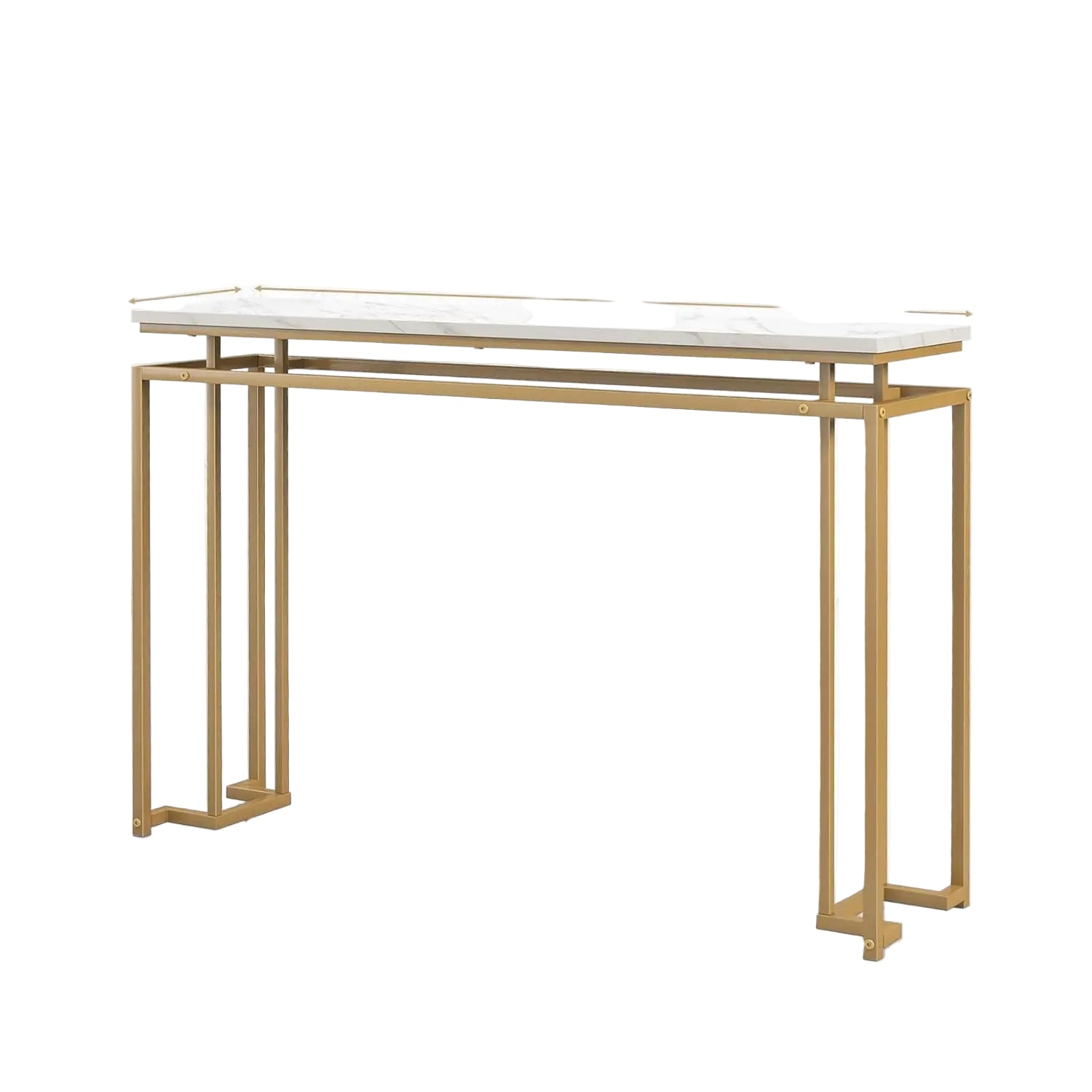 Schmaler Konsolentisch in Marmoroptik – Flur- und Beistelltisch mit Metallrahmen, Weiß / Gold, 120 × 30 × 80,5 cm