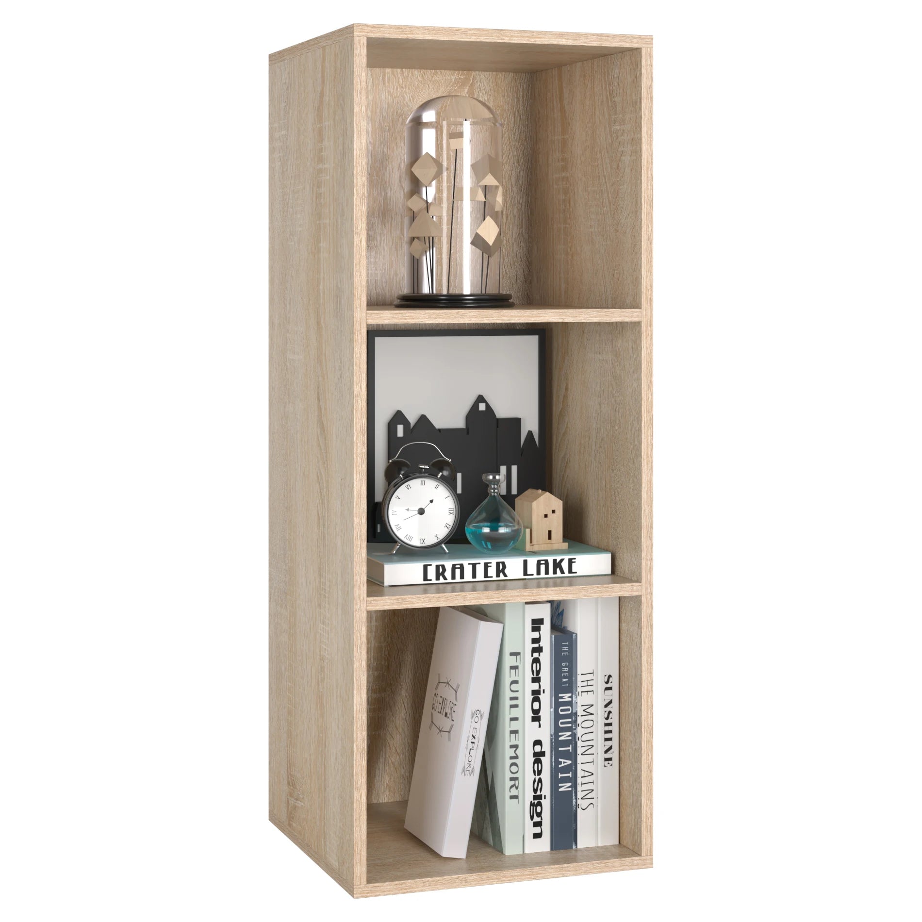 Modernes Bücherregal mit 3 Fächern – Holzregal im Würfeldesign, Eiche oder Weiß, 30 × 30 × 80 cm