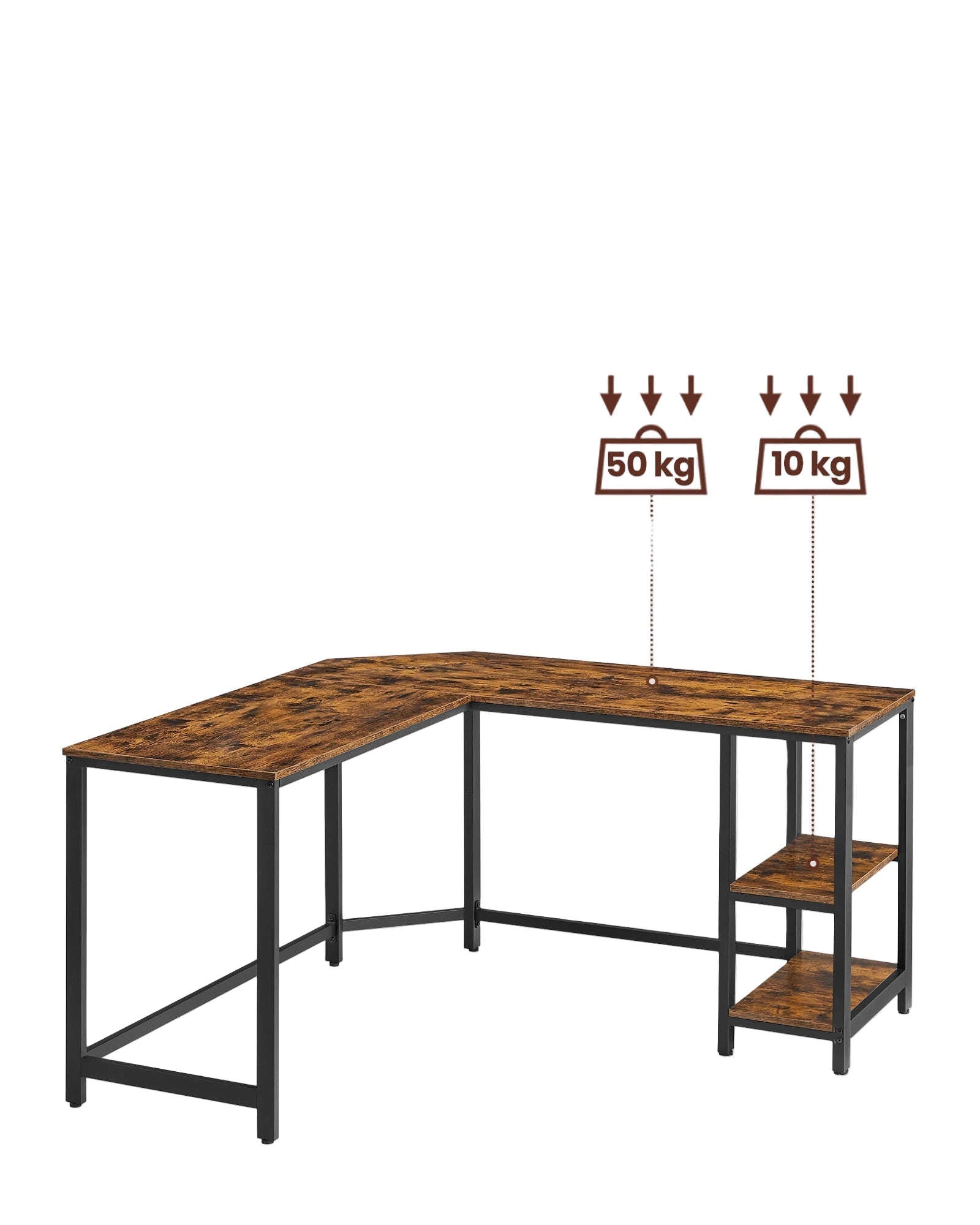 L-förmiger Eckschreibtisch mit 2 Ablagen – Computertisch aus Holz und Stahl, Vintagebraun-Schwarz, 138 × 138 × 76 cm