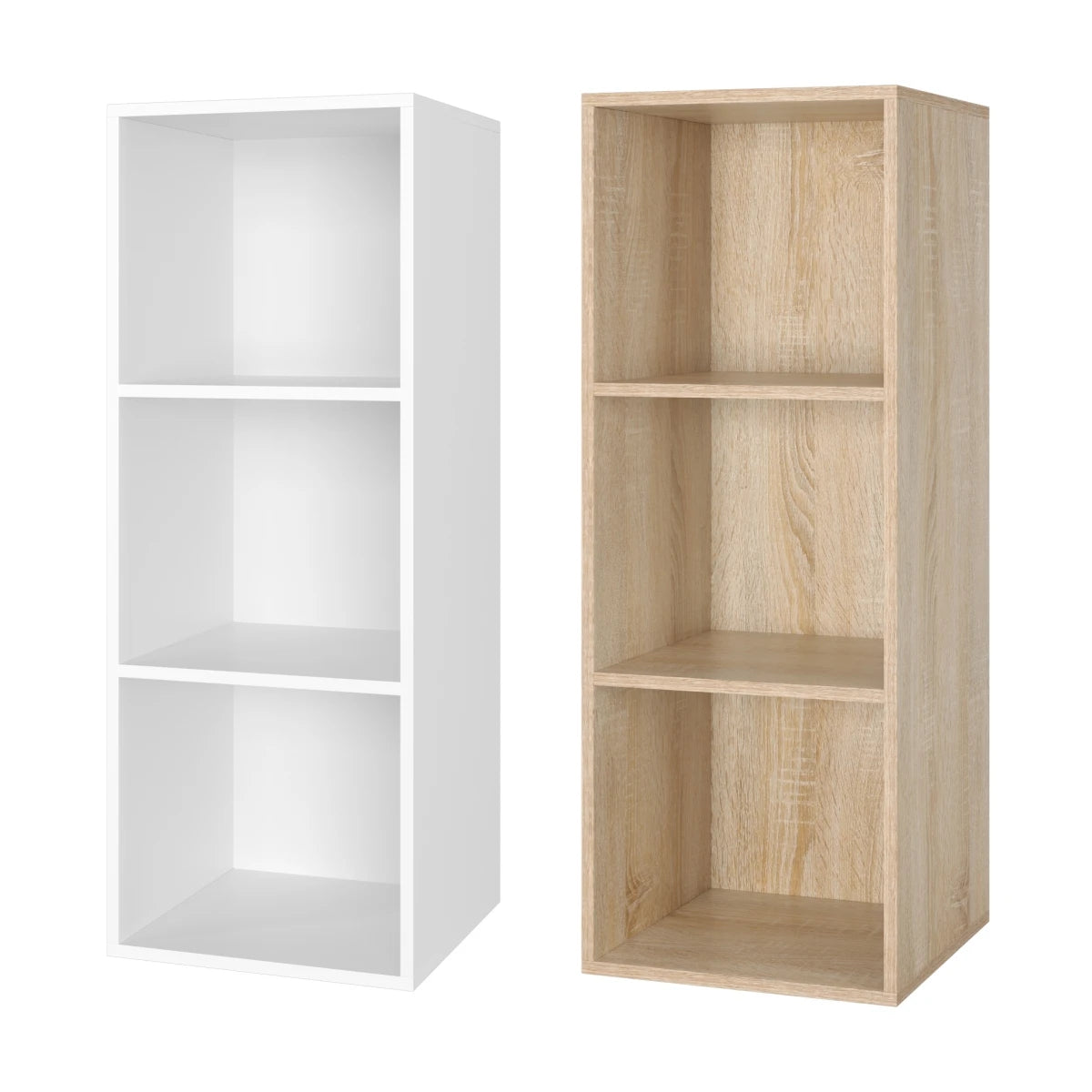 Modernes Bücherregal mit 3 Fächern – Holzregal im Würfeldesign, Eiche oder Weiß, 30 × 30 × 80 cm
