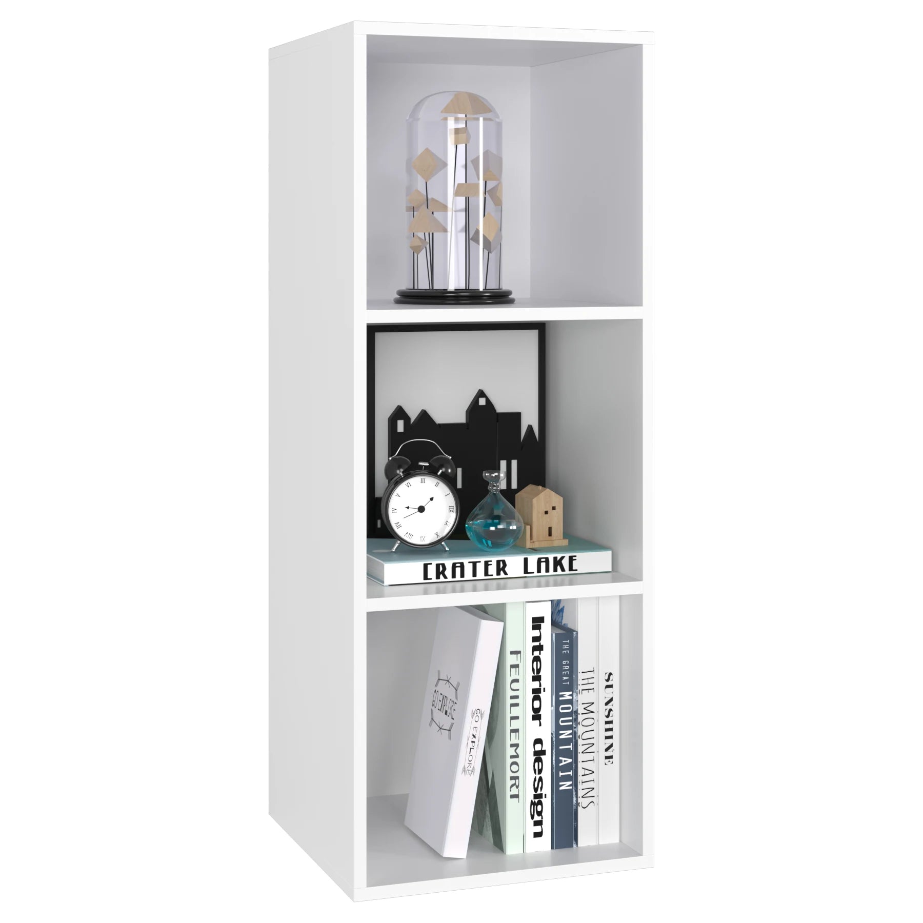 Modernes Bücherregal mit 3 Fächern – Holzregal im Würfeldesign, Eiche oder Weiß, 30 × 30 × 80 cm